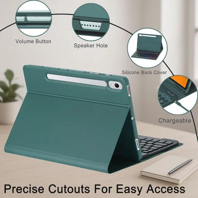 Alt view image 4 of 5 - Keyboard Case for Samsung Galaxy Tab S10 FE 2025 /S9 FE 10.9 Inch/Galaxy Tab S9 11 Inch 2023, Mouse and Detachable Bluetooth Backlit Keyboard, Lightweight Folio Cover with Pen Holder (Green)
