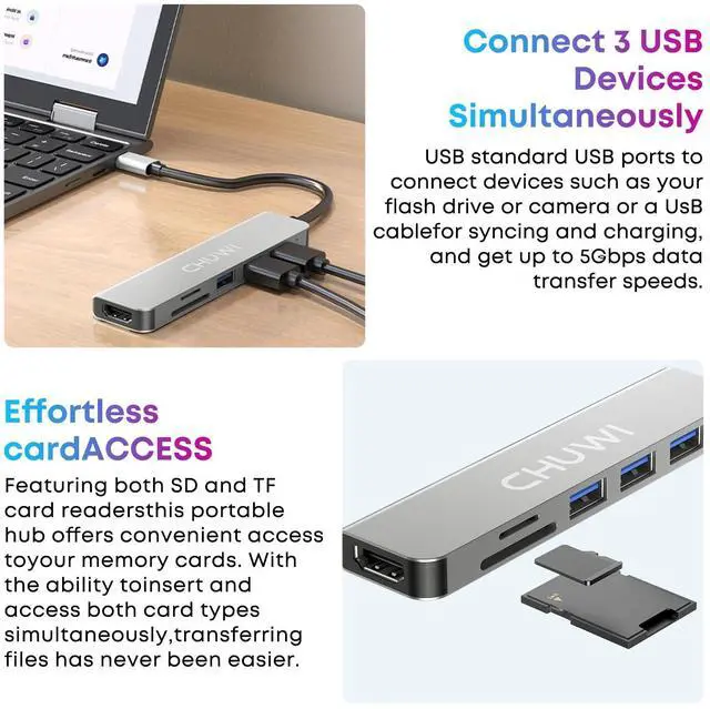 Alt view image 4 of 5 - CHUWI USB C Hub, 6 in 1 USB C to HDMI Splitter, 4K HDMI Port, SD/TF Card Reader, USB 3.0 Data Port, Fast Data Transfer, for MiniBook X/Hi10 X1/FreeBook/Hi10 Max, Laptops, Tablets and Phones