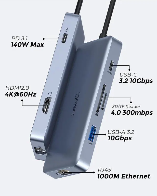 Alt view image 2 of 5 - NewQ 140W USB C Hub, 4K@60Hz HDMI Dock, USBA 3.2, USBC 3.2, Gigabit Ethernet, PD-in 140W, 300mbps SD TF 4.0 Slot, Compatible w/Thunderbolt 3/4/5, Docking Station for MacBook, Windows, Chromebook