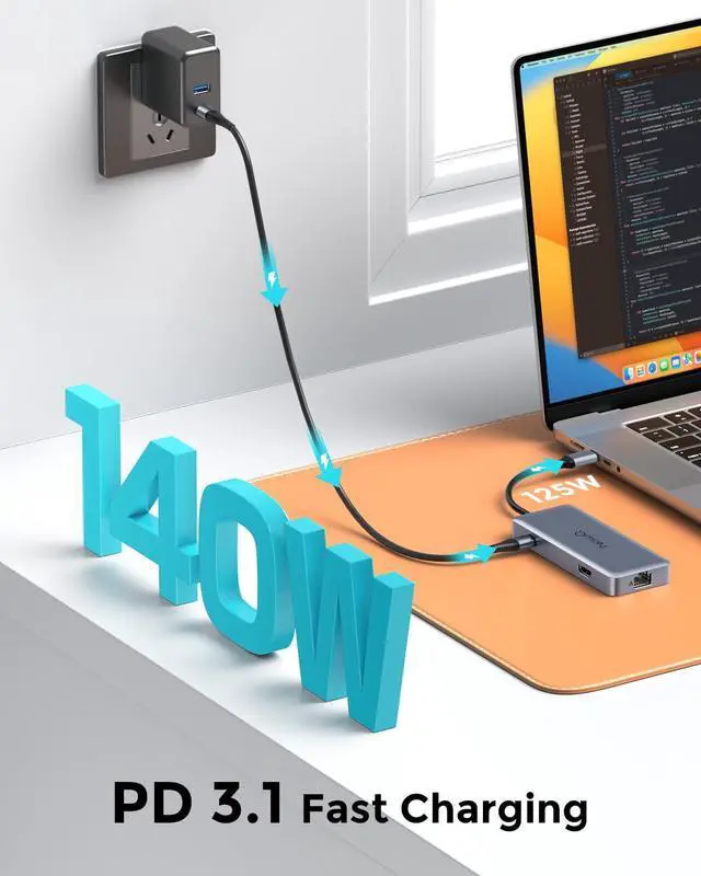 Alt view image 5 of 5 - NewQ 140W USB C Hub, 4K@60Hz HDMI Dock, USBA 3.2, USBC 3.2, Gigabit Ethernet, PD-in 140W, 300mbps SD TF 4.0 Slot, Compatible w/Thunderbolt 3/4/5, Docking Station for MacBook, Windows, Chromebook