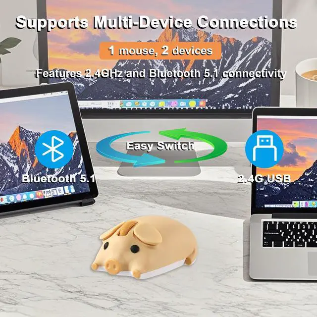 Alt view image 3 of 5 - Wireless Bluetooth Mouse Cute Animal Pig Shape 2.4G & Bluetooth Dual Mode Computer Mice with USB Receiver Portable Compact 1200DPI Optical Cordless Mouse for Laptop iPad PC Notebook Kids Gift (Yellow)
