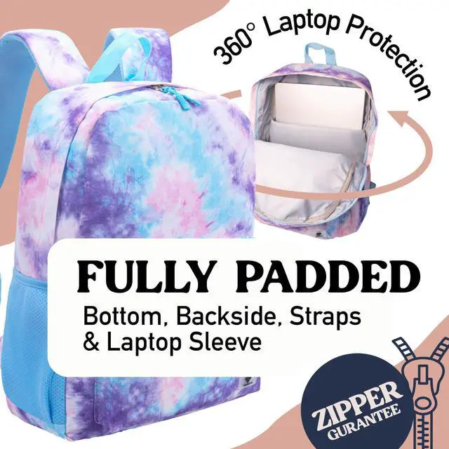 Alt view image 2 of 5 - Fenrici Tie Dye Backpack for Girls, Teens, Girls' Backpack for School, Kids' Bookbags with Padded Laptop Compartment, Tie Dye, Pink, Pastel, 17 Inch