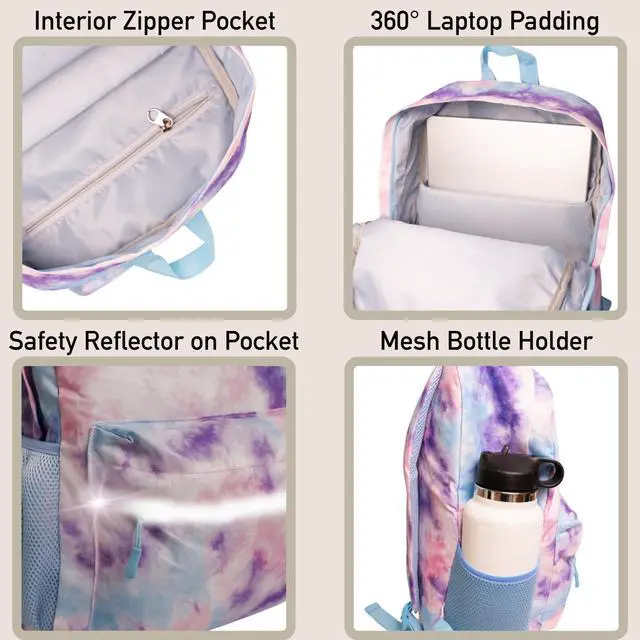 Alt view image 3 of 5 - Fenrici Tie Dye Backpack for Girls, Teens, Girls' Backpack for School, Kids' Bookbags with Padded Laptop Compartment, Tie Dye, Pink, Pastel, 17 Inch