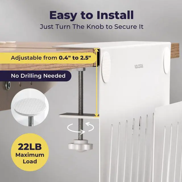 Alt view image 3 of 4 - Volcora Side Storage Under Laptop Holder, No Drill Organizer With Magnetic Pen Box, Cable Clamp, Hanging Mount File Holder for Office and Home, 2 Tier White