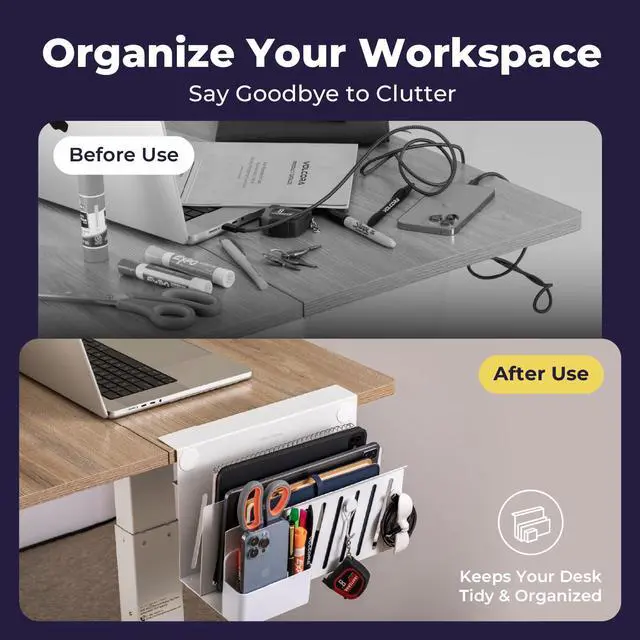 Alt view image 4 of 4 - Volcora Side Storage Under Laptop Holder, No Drill Organizer With Magnetic Pen Box, Cable Clamp, Hanging Mount File Holder for Office and Home, 2 Tier White