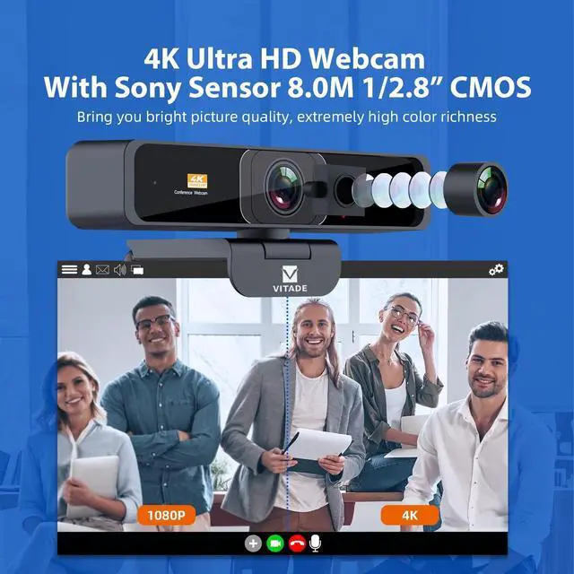 Alt view image 2 of 5 - VITADE 4K Zoomable Webcam with Upgraded Remote Control, 8MP Sony Sensor Webcam with Microphone and 4X Digital Zoom, Pro USB Webcam for Streaming/Conference/Online Teaching/Video Calling/Zoom/Skype