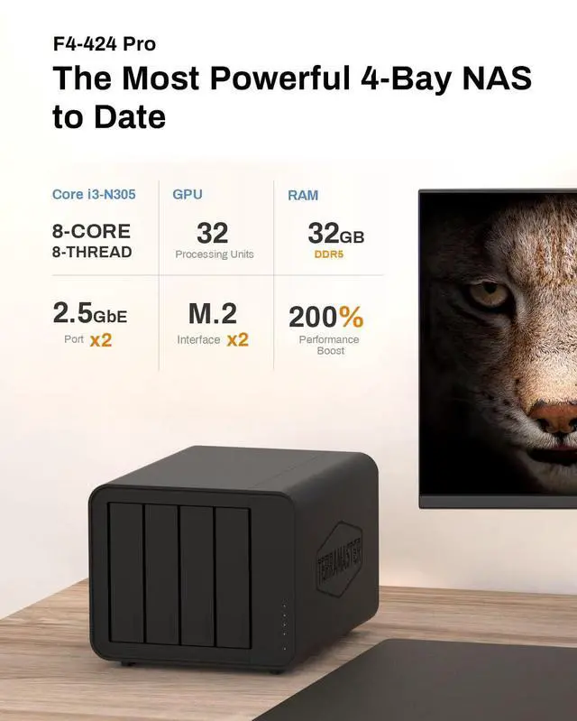 Alt view image 2 of 5 - TERRAMASTER F4-424 Pro NAS Storage - 4Bay Core i3-N305 8-Core 8-Thread CPU, 32GB DDR5 RAM, 2.5GbE Port x 2, Network Attached Storage Peak Performance for Business (Diskless) Black