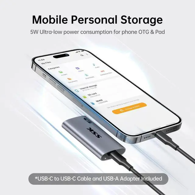 Alt view image 3 of 5 - SSK 1TB SSD External Hard Drive, Portable SSD Up to 550MB/s Fast Solid State Drives, External Drive USB 3.2 Gen2 for iPhone 15/Pro, Windows, Mac, Android with LED Light, Trim, Smart Supported