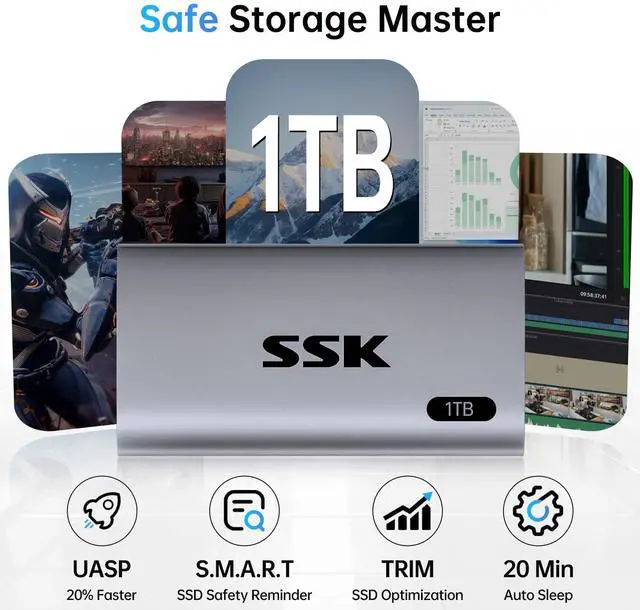 Alt view image 4 of 5 - SSK 1TB SSD External Hard Drive, Portable SSD Up to 550MB/s Fast Solid State Drives, External Drive USB 3.2 Gen2 for iPhone 15/Pro, Windows, Mac, Android with LED Light, Trim, Smart Supported