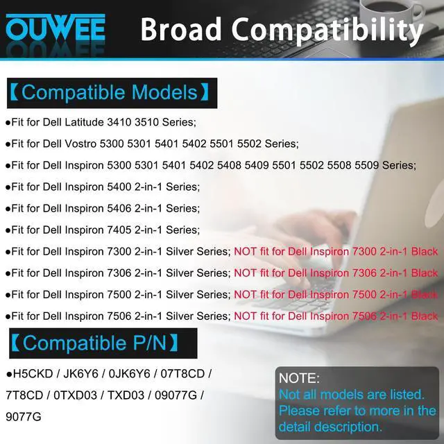 Alt view image 3 of 5 - OUWEE H5CKD 53Wh Battery Replacement for Dell Inspiron 5300 5301 5401 5402 5408 5409 5501 5502 5508 5509,Inspiron 5400 5406 7405 7300 7306 7500 7506 2-in-1 Silver Latitude 3410 3510 Vostro 5502 15V
