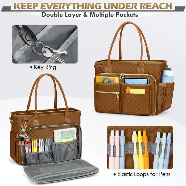 Alt view image 3 of 5 - RAINSMORE Teacher Tote Bag 15.6 inch Laptop Bag for Women Work Bags Laptop Tote Nurse Bag Professional Computer Messenger with Insulated Pocket, Laptop Briefcase for Office, College, Nursing, Brown