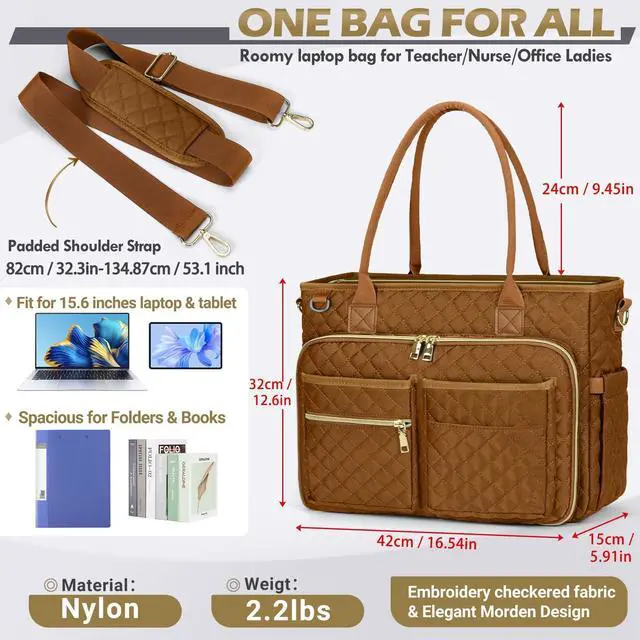 Alt view image 4 of 5 - RAINSMORE Teacher Tote Bag 15.6 inch Laptop Bag for Women Work Bags Laptop Tote Nurse Bag Professional Computer Messenger with Insulated Pocket, Laptop Briefcase for Office, College, Nursing, Brown