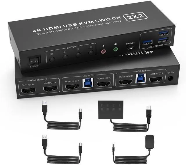 Main image of USB 3.0 HDMI KVM Switch 2 Montiors 2 Computers, 4K@60Hz KVM Switch Dual Monitor with 3 USB 3.0 Ports and Audio, 2 Port KVM Switch with Dual Monitor Cross Display for 2 Computers