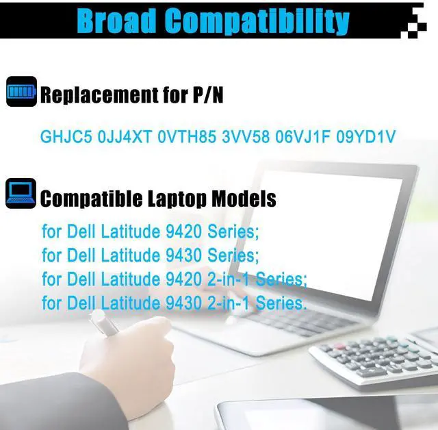 Alt view image 3 of 5 - AOMKA GHJC5 59.6Wh Laptop Battery Replacement for Dell Latitude 9420 9430 Latitude 9420 2-in-1 Latitude 9430 2-in-1 Series 3VV58 0JJ4XT 0VTH85 06VJ1F 09YD1V 11.55V 4900mAh 3-Cell