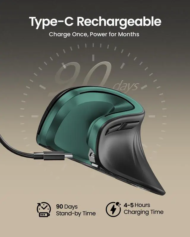 Alt view image 2 of 5 - ProtoArc Ergonomic Vertical Mouse, EM11 NL Rechargeable Wireless Mouse Bluetooth, Ergo Mice with 3 Multi-Device for PC/Notebook/Laptop, 2.4GHz Optical Mice for Windows, Mac OS, Green