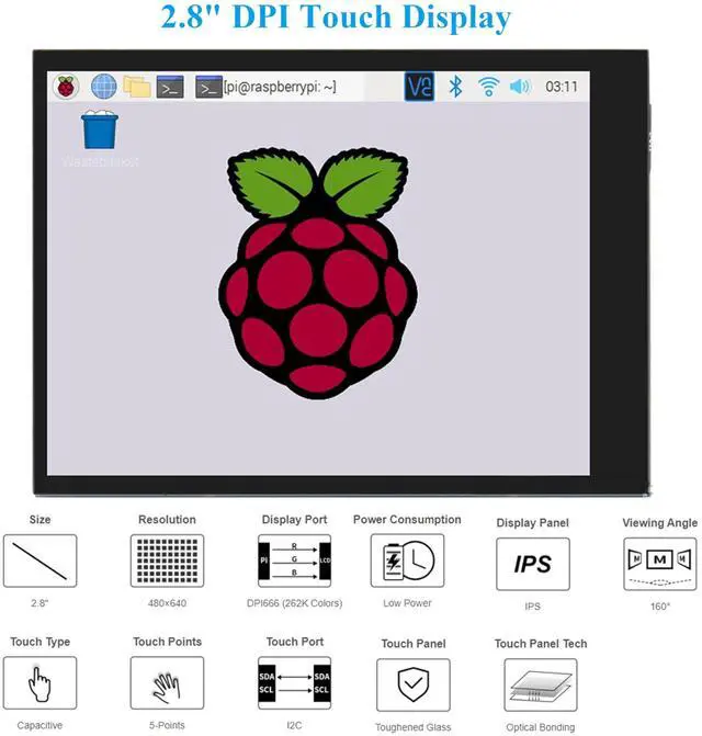 Alt view image 2 of 5 - 2.8inch DPI LCD Screen Compatible with Raspberry Pi 5/4B/3B+/3B/3A+/Pi Zero/Zero W/WH/Zero 2W, 480x640 Resolution IPS Display, 5-Points Capacitive Touch Control, Optical Bonding Toughened Glass Cover