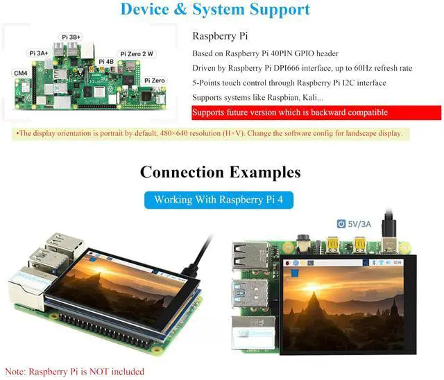 Alt view image 3 of 5 - 2.8inch DPI LCD Screen Compatible with Raspberry Pi 5/4B/3B+/3B/3A+/Pi Zero/Zero W/WH/Zero 2W, 480x640 Resolution IPS Display, 5-Points Capacitive Touch Control, Optical Bonding Toughened Glass Cover
