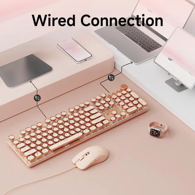 Alt view image 4 of 5 - EWEADN Wired Typewriterkeyboard and Mouse Combo, Typewriter Style Mechanical Gaming Keyboard,104 Keys Backlit LED Keyboards, Media Control Knob, Wired Keyboard Pink Switch for Windows/Mac/PC-Pink