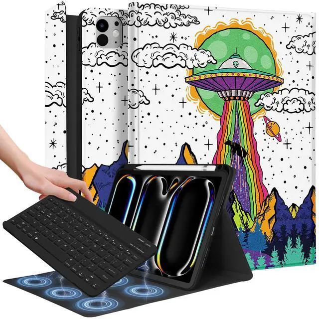 Main image of Wazzasoft for iPad Air 11 inch Case 2024, Air 5th/4th Generation 10.9, Pro 11'' Case with Keyboard Pencil Holder Folio Tablet Cover Men Boys Cute Cool Fun Funny Alien for iPad Air 11 2024 (M2), Pro 11