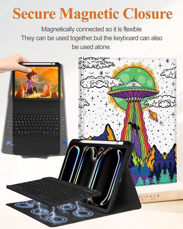 Alt view image 4 of 5 - Wazzasoft for iPad Air 11 inch Case 2024, Air 5th/4th Generation 10.9, Pro 11'' Case with Keyboard Pencil Holder Folio Tablet Cover Men Boys Cute Cool Fun Funny Alien for iPad Air 11 2024 (M2), Pro 11
