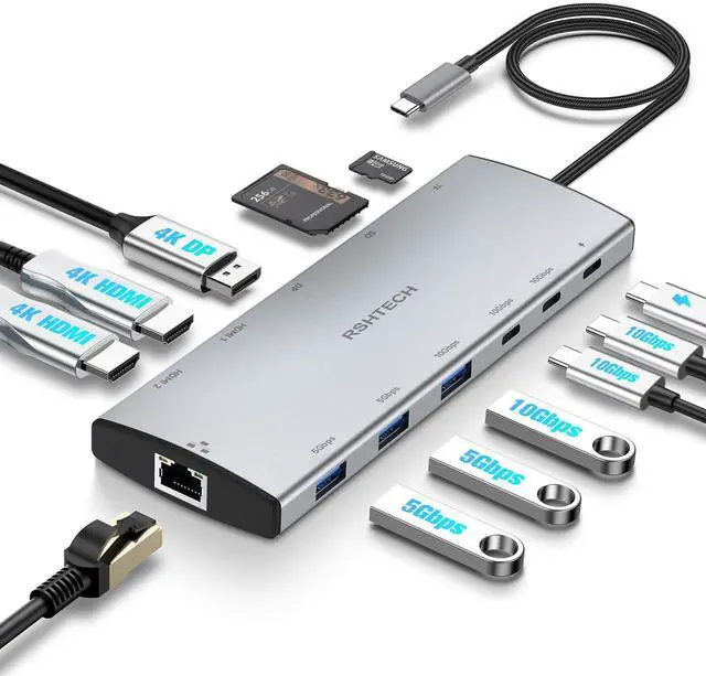 Main image of RSHTECH USB C Hub Docking Station Dual Monitor 12 in 1 Triple Display Multiport Adapter with 2 HDMI, 4K DP, 3 USB 3.2 10Gbps, 2 USB 3.0 Ports, 100W PD, Gigabit Ethernet, SD/TF for MacBook, Laptops
