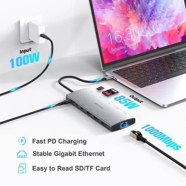 Alt view image 5 of 5 - RSHTECH USB C Hub Docking Station Dual Monitor 12 in 1 Triple Display Multiport Adapter with 2 HDMI, 4K DP, 3 USB 3.2 10Gbps, 2 USB 3.0 Ports, 100W PD, Gigabit Ethernet, SD/TF for MacBook, Laptops