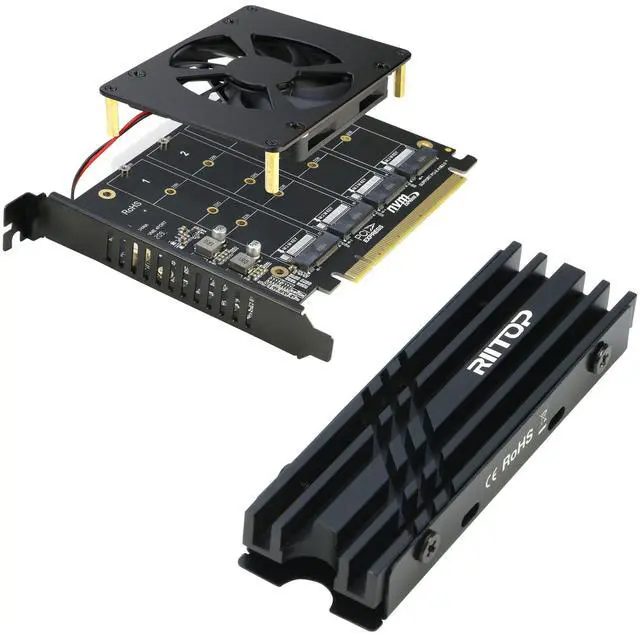 Main image of Quad NVMe PCIe Adapter with Fan + M.2 SSD Heatsink for 2280 NVMe SSD