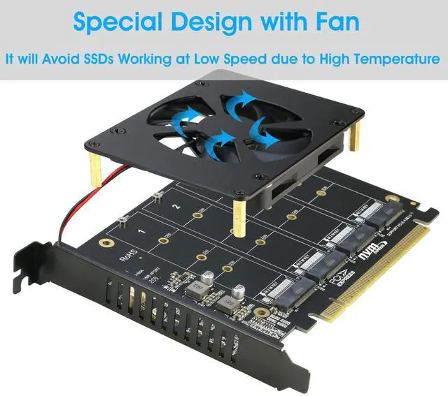 Alt view image 4 of 5 - Quad NVMe PCIe Adapter with Fan + M.2 SSD Heatsink for 2280 NVMe SSD