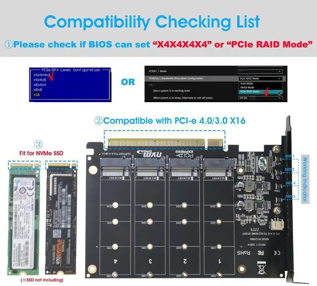 Alt view image 3 of 5 - Quad NVMe PCIe Adapter with Fan + M.2 SSD Heatsink for 2280 NVMe SSD