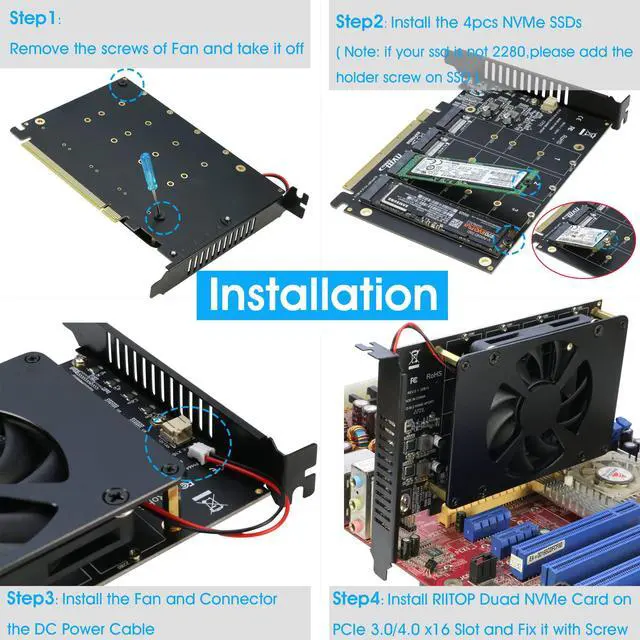 Alt view image 5 of 5 - Quad NVMe PCIe Adapter with Fan + M.2 SSD Heatsink for 2280 NVMe SSD