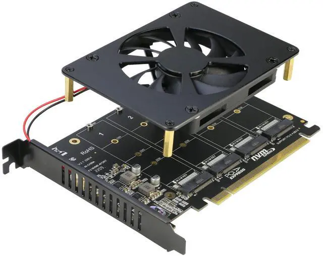 Alt view image 2 of 5 - Quad NVMe PCIe Adapter with Fan + M.2 SSD Heatsink for 2280 NVMe SSD