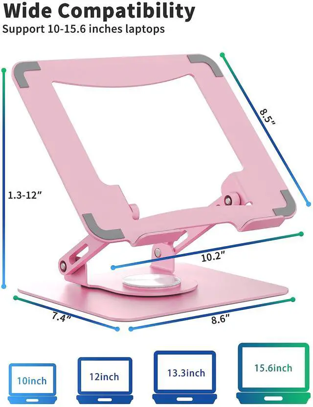 Alt view image 3 of 4 - SOUNDANCE Laptop Stand with 360° Rotating Base, Ergonomic Computer Riser for Desk, Adjutable Height Muti-Angle, Foldable Laptop Mount, Stable Metal Holder Support 10-15.6" Notebook PC, Pink