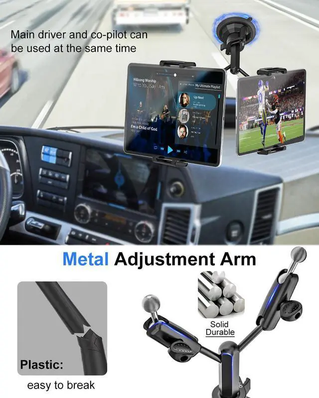 Alt view image 3 of 5 - Kolasels Heavy Duty Dual Tablet Holder for Car/Truck [Metal Arm] Dashboard Windshield Double Mount for Vehicle Dash Suction Stand for iPad Pro/Air/iPhone, 5.5-15.6" Tablets Phone