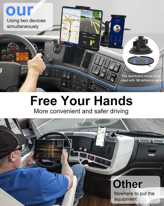 Alt view image 2 of 5 - Kolasels Heavy Duty Dual Tablet Holder for Car/Truck [Metal Arm] Dashboard Windshield Double Mount for Vehicle Dash Suction Stand for iPad Pro/Air/iPhone, 5.5-15.6" Tablets Phone