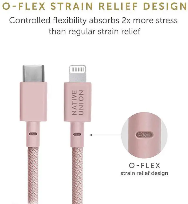 Alt view image 2 of 5 - Native Union Belt Cable USB-C to Lightning - 10ft Ultra-Strong Reinforced Cable [MFi Certified] for iPhone 14, Phone 14 Plus, iPhone 14 Pro, iPhone 14 Pro Max, iPhone 13 and Earlier (Rose)