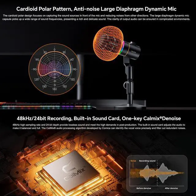 Alt view image 5 of 5 - COMICA EJoy D10 A USB/XLR Dynamic Microphone with RGB Light &CalMix Denoise &Mute Button- Studio-Quality Cardioid Mic with Boom Arm Stand for Gaming, Streaming, Podcast,YouTube(PC/PS5/Xbox/Mac-White