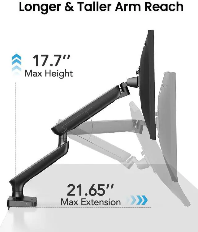 Alt view image 3 of 5 - Single Monitor Mount for 13-40 Inch Screens up to 24 lbs, Ergonomic Adjustable Monitor Arm with Built-in USB 3.0 Hub, Space-Saving VESA Desk Mount for Home Office & Gaming, C-Clamp & Grommet Base