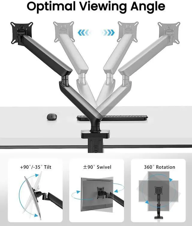 Alt view image 4 of 5 - Single Monitor Mount for 13-40 Inch Screens up to 24 lbs, Ergonomic Adjustable Monitor Arm with Built-in USB 3.0 Hub, Space-Saving VESA Desk Mount for Home Office & Gaming, C-Clamp & Grommet Base