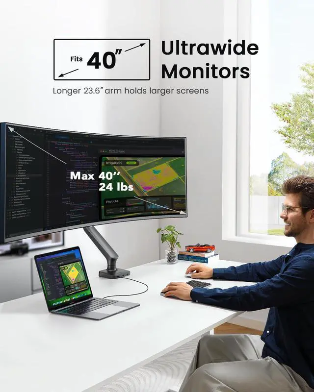 Alt view image 2 of 5 - Single Monitor Mount for 13-40 Inch Screens up to 24 lbs, Ergonomic Adjustable Monitor Arm with Built-in USB 3.0 Hub, Space-Saving VESA Desk Mount for Home Office & Gaming, C-Clamp & Grommet Base