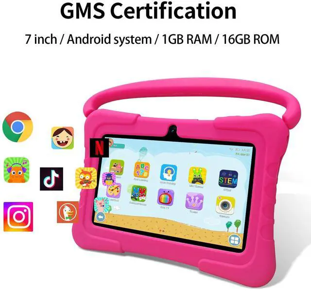 Alt view image 4 of 5 - SAIWAN 7 inch Kids Tablet with Shockproof Case, 1GB RAM 16GB ROM, Android Toddler Tablet with Bluetooth, WiFi, GMS, Parental Control, Educational, Games(Pink)