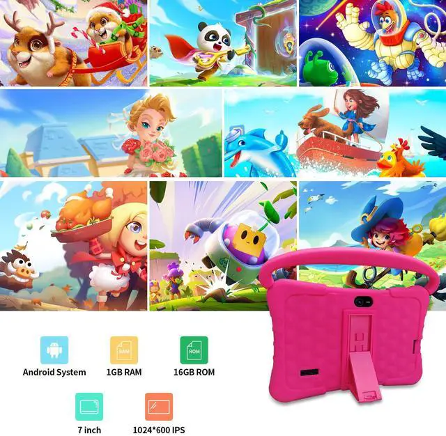 Alt view image 2 of 5 - SAIWAN 7 inch Kids Tablet with Shockproof Case, 1GB RAM 16GB ROM, Android Toddler Tablet with Bluetooth, WiFi, GMS, Parental Control, Educational, Games(Pink)