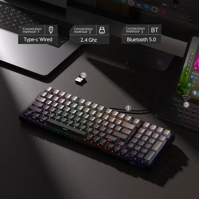 Alt view image 2 of 5 - MageGee LIGHT100 Wireless Creamy Keyboard, Gasket Structure Hot Swappable, 2.4G/USB-C/BT5.0 RGB Backlit Mechanical Gaming Keyboard for Win/Mac/PC, 8000mAh Battery, Side Printed PBT Keycap, Black