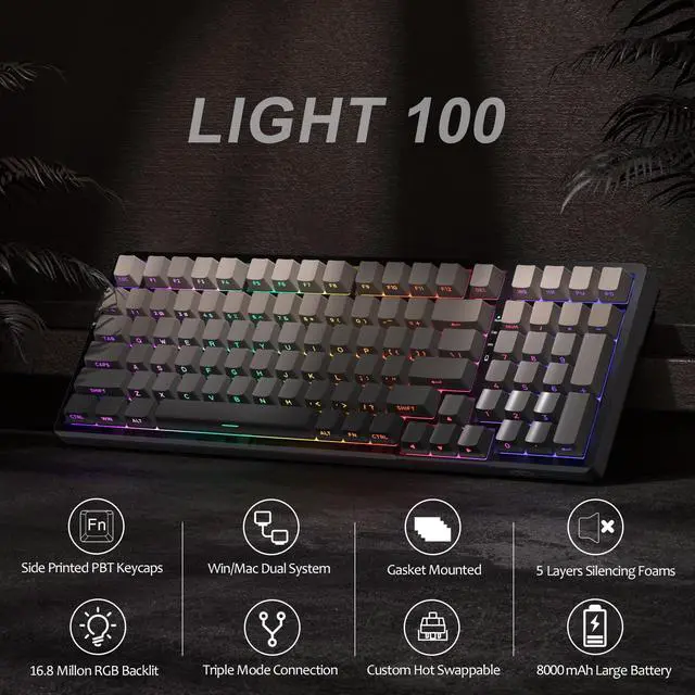 Alt view image 3 of 5 - MageGee LIGHT100 Wireless Creamy Keyboard, Gasket Structure Hot Swappable, 2.4G/USB-C/BT5.0 RGB Backlit Mechanical Gaming Keyboard for Win/Mac/PC, 8000mAh Battery, Side Printed PBT Keycap, Black