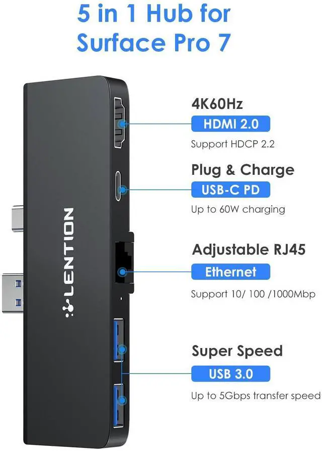 Alt view image 2 of 5 - LENTION Surface Pro 7 USB C Hub Docking Station,5-in-1 Surface Pro 7 Hub,4K@60Hz USB-C to HDMI Hub,USB C to Gigabit Ethernet Hub,2 USB 3.0 Hub,PD Type C Charging Port Hub(CS35,Black)