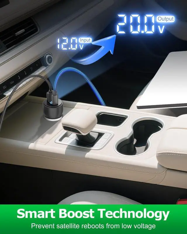 Alt view image 2 of 5 - 3 in 1 Starlink Mini Cable 12V Adapter 10FT Car Charger for Starlink Mini USB C Power Cable Smart Boost 12V to 20V/100W Cigarette Lighter Adapter with Digital Display USB A/Type C PD 100W Port 18AWG