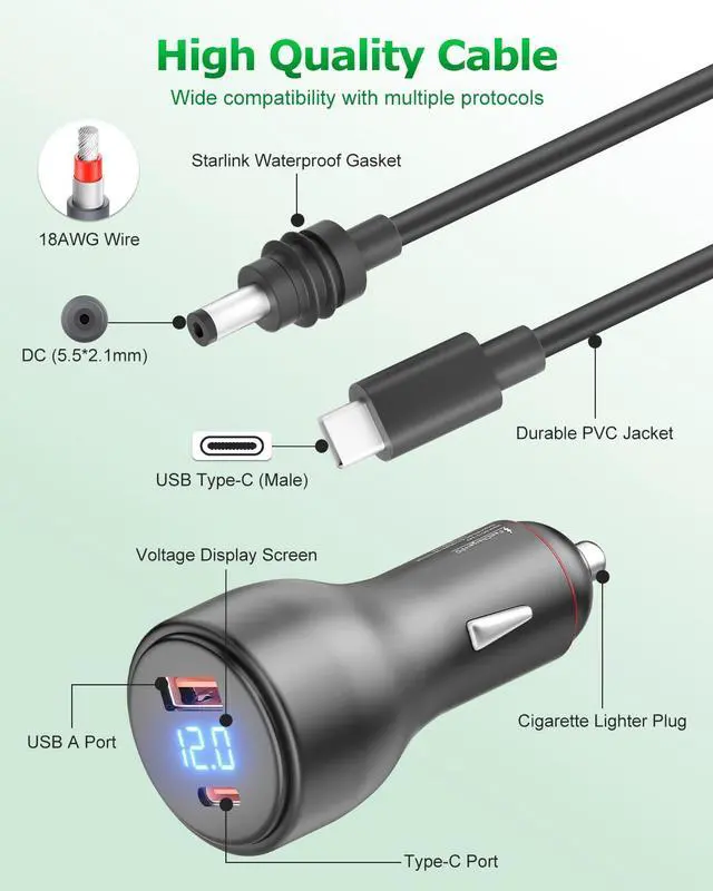 Alt view image 4 of 5 - 3 in 1 Starlink Mini Cable 12V Adapter 10FT Car Charger for Starlink Mini USB C Power Cable Smart Boost 12V to 20V/100W Cigarette Lighter Adapter with Digital Display USB A/Type C PD 100W Port 18AWG