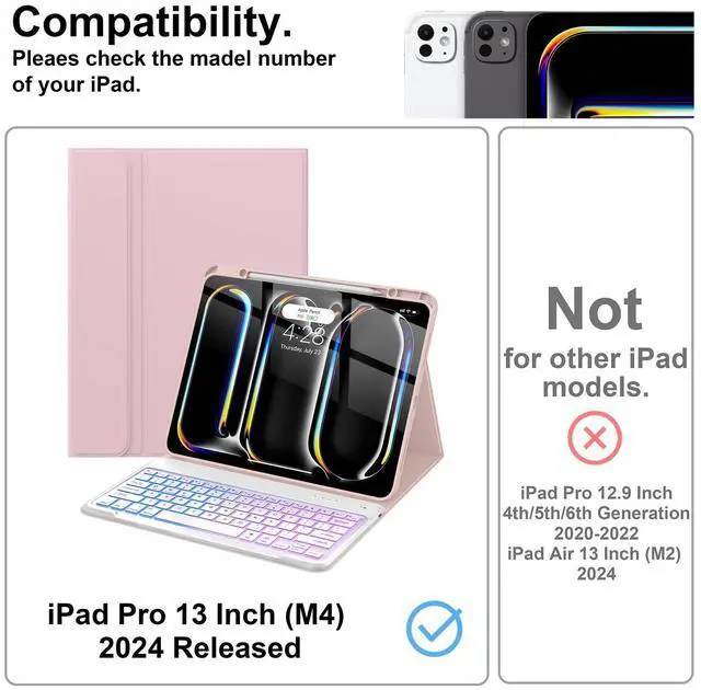 Alt view image 3 of 5 - Supveco Keyboard Case for iPad Pro 13 Inch (M4) 2024 with Pencil Holder-Wireless Magnetic Detachable Keyboard with Backlit Keys,Slim Stand Case with Soft TPU Back Cover for New iPad Pro 13-Pink