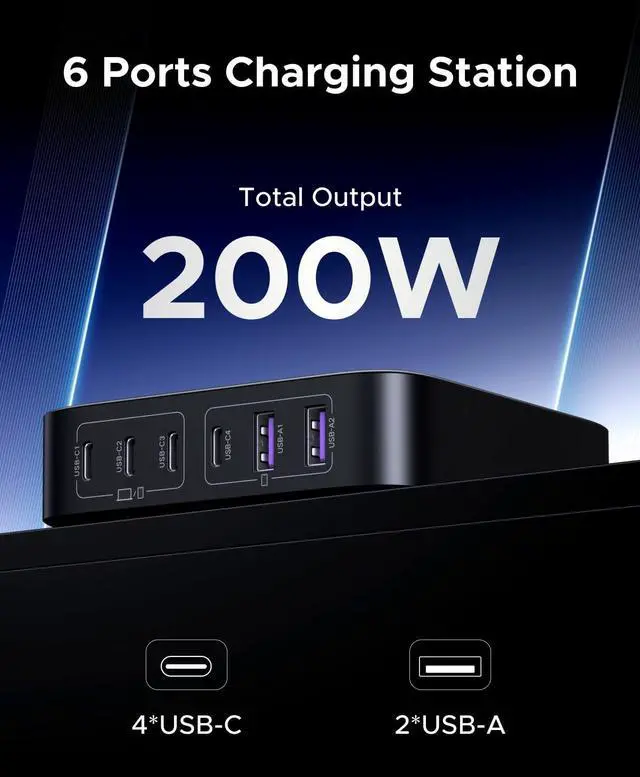 Alt view image 2 of 5 - UGREEN 200W USB C Charger, Nexode 6-Port GaN Desktop Charger, USB C Charging Station for MacBook Pro/Air, iPad Pro/Air, iPhone 16/15/14, Galaxy S24 Ultra, Steam Deck