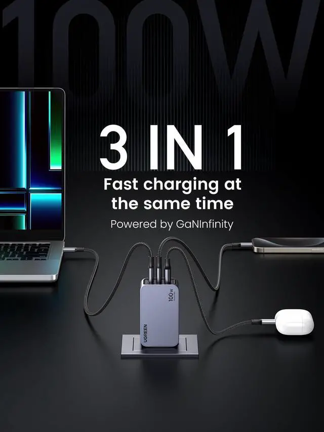 Alt view image 3 of 5 - UGREEN Nexode Pro 100W USB C Charger, 3-Port GaN Compact Fast PPS Wall Charger for MacBook Pro/Air, Pixelbook, iPad, iPhone 16/15/14, Galaxy S24/S23, Pixel 9/8, Steam Deck and More