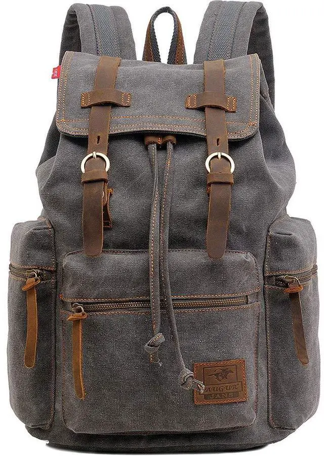 Main image of HuaChen Vintage Canvas Backpack with Leather Accents, Casual Daypack Travel Rucksack for Men Women,School College Hiking Camping M32-Gray